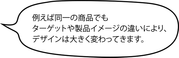 例えば同一の商品でもターゲットや製品イメージの違いにより、デザインは大きく変わってきます。